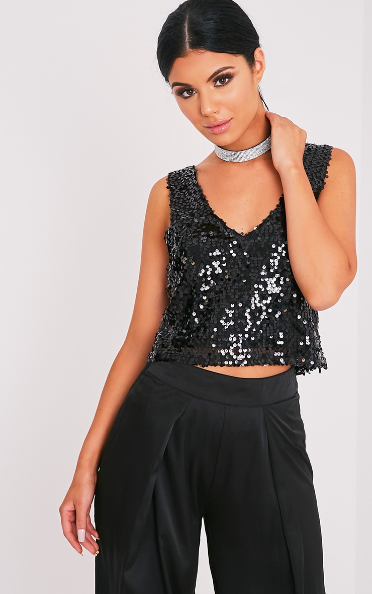 Camari Black Sequin V Neck Crop Top | PrettyLittleThing AUS