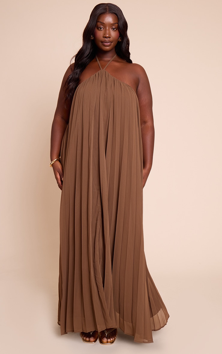 Plus Chocolate Printed Pleated Chiffon Halterneck Maxi Dress image 1