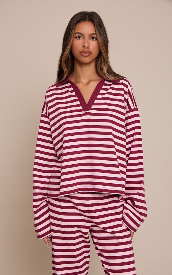 Petite Burgundy Striped Collared V Neck Top
