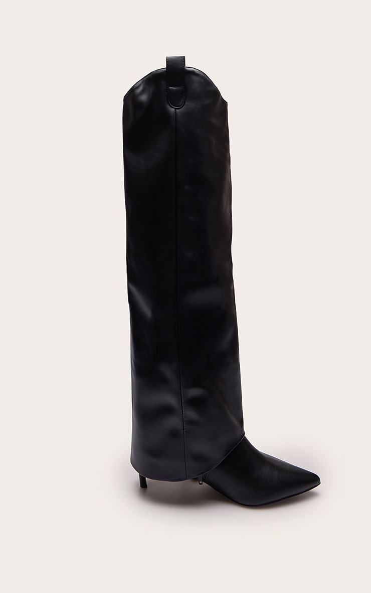 Black PU Heeled Fold Over Knee High Boot image 2