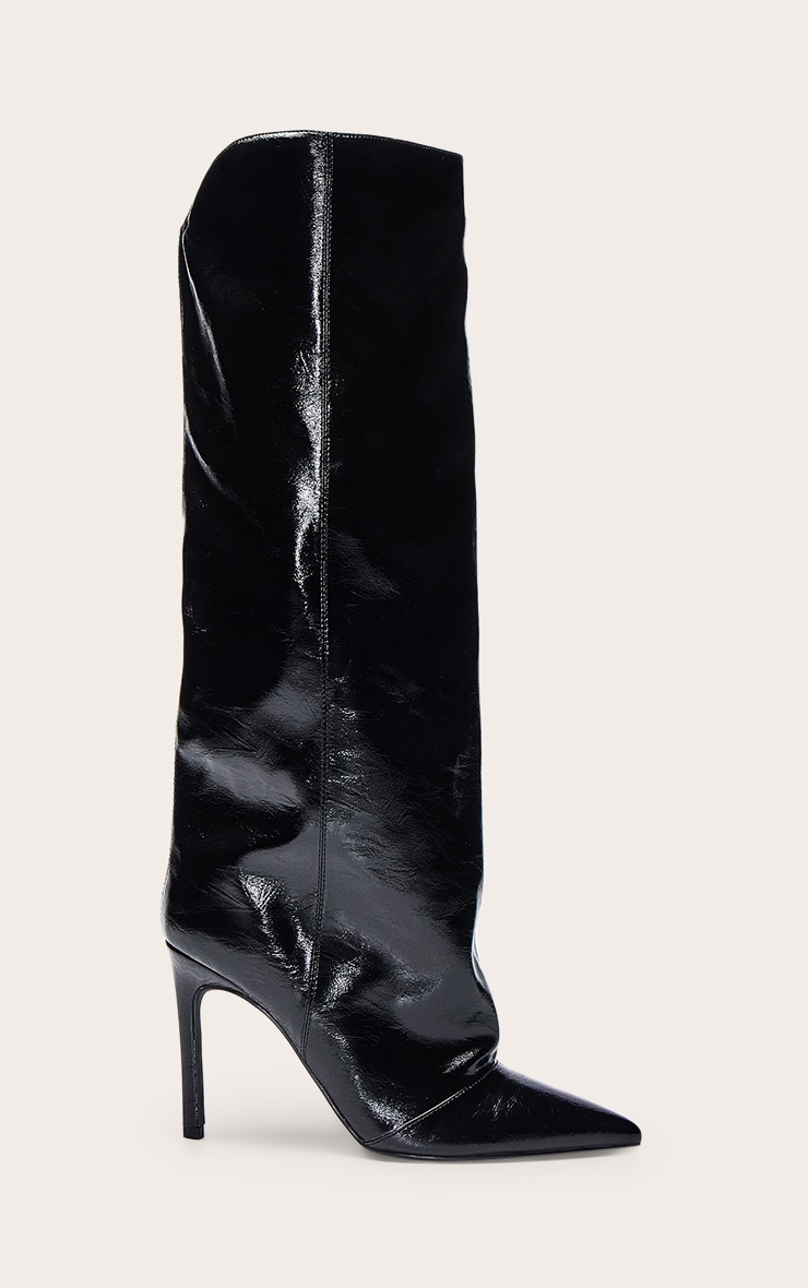 Black Crinkle Patent Ruched Knee Boots image 2
