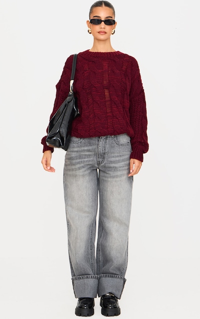 Burgundy Marl Knit Distressed Detail Chunky Cable Sweater