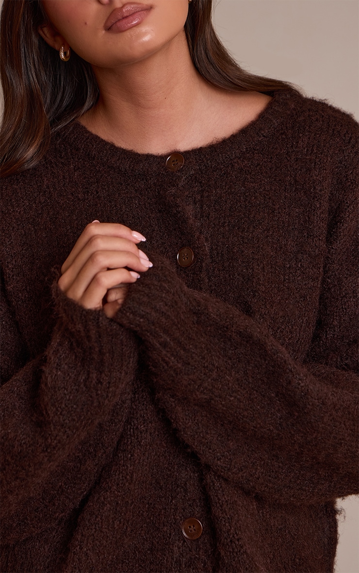 Chocolate Brushed Oversized Detail Round Neck Cardigan image 4