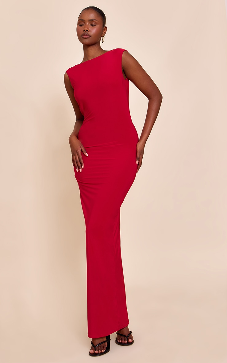 Red Double Layer Slinky Low Back Trim Detail Maxi Dress image 2
