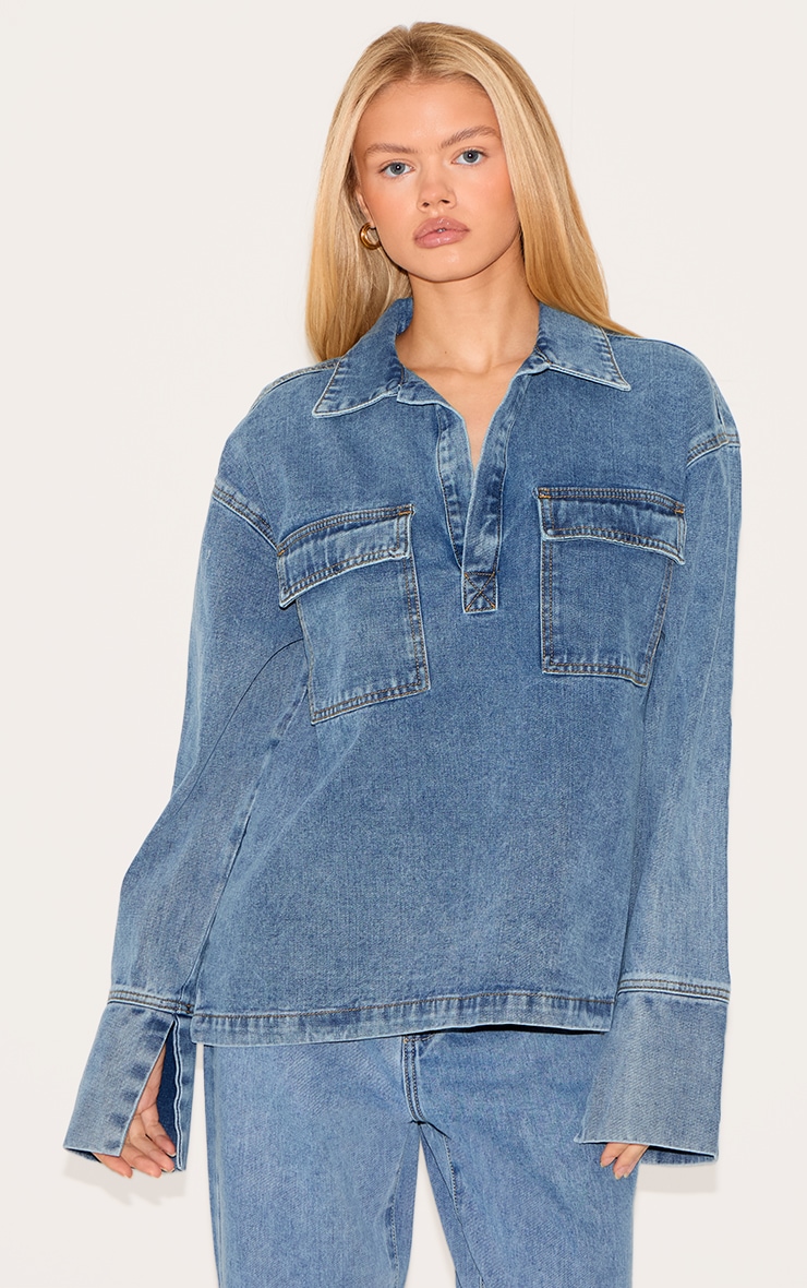 Vintage Blue Long Sleeve Slouchy Denim Rugby Shirt