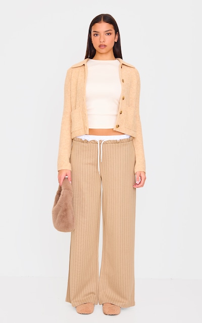 Beige Pinstripe Contrast Waistband Wide Leg Pants