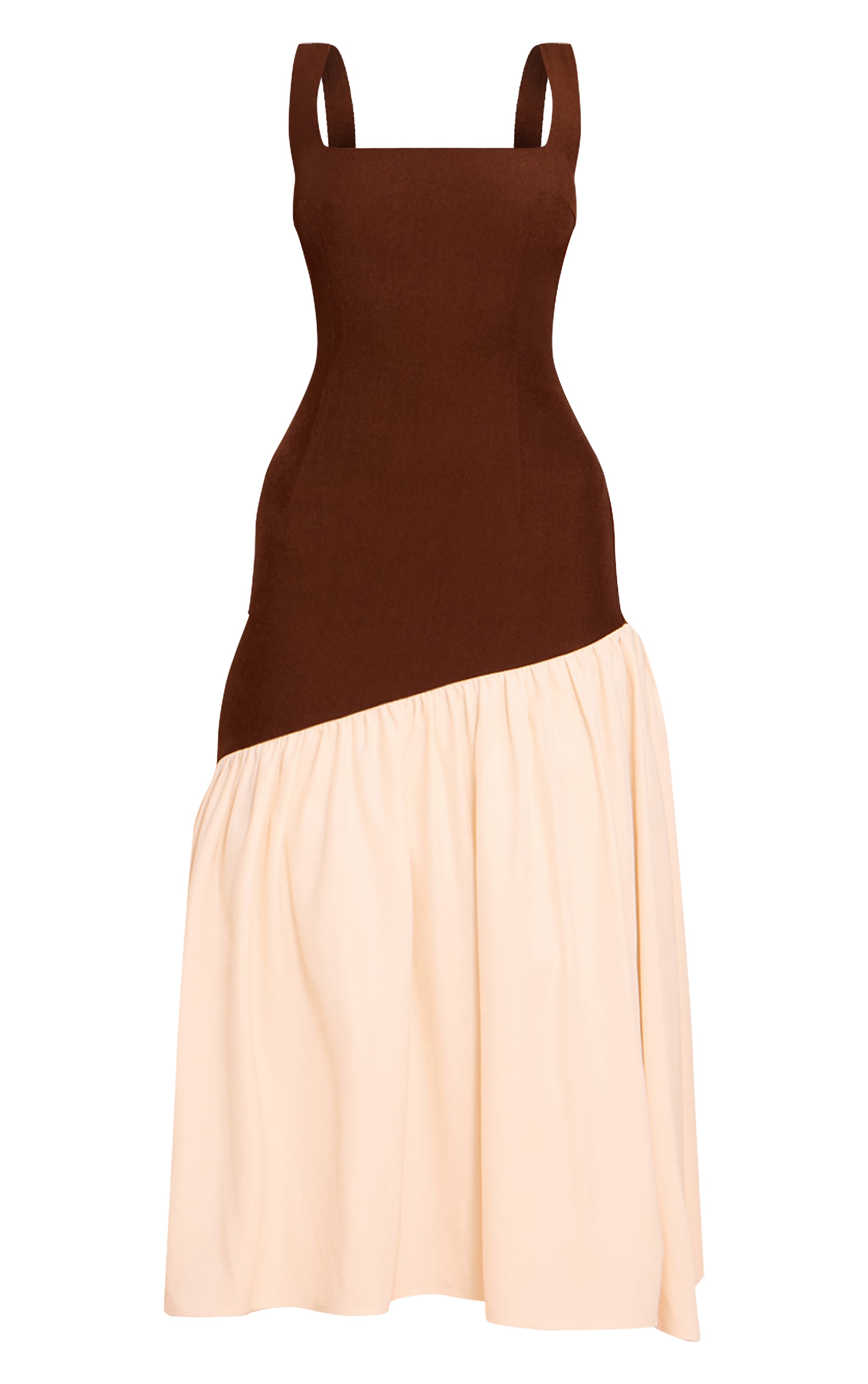 Chocolate Contrast Pleated Hem Square Neck Midaxi Dress image 5