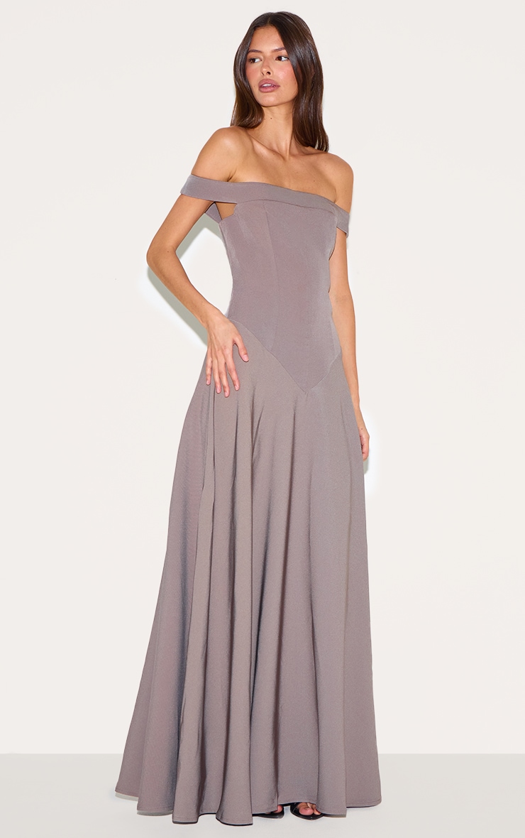 Mushroom Structured Bardot V Waist Maxi Dress image 3