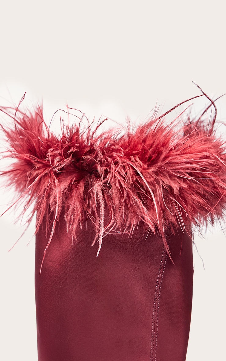 Oxblood Satin Feather Trim Heeled Knee High Boot image 4