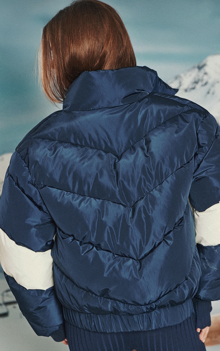 Navy Contrast Chevron Stripe Puffer Jacket image 2