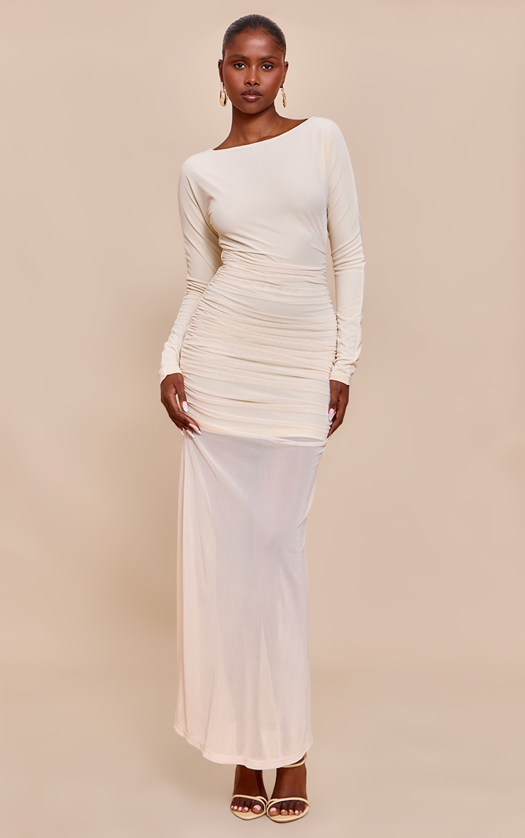 Cream Ruched Long Sleeve Maxi Dress image 1