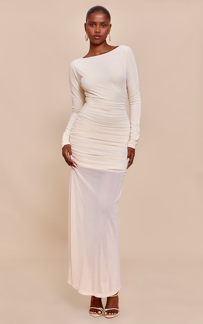 Cream Ruched Long Sleeve Maxi Dress