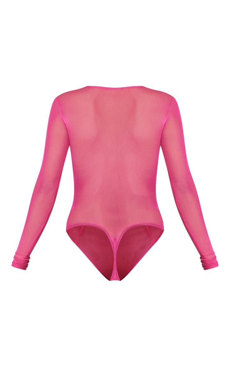 Hot Pink Mesh Paneled Sheer Long Sleeve Bodysuit image 2