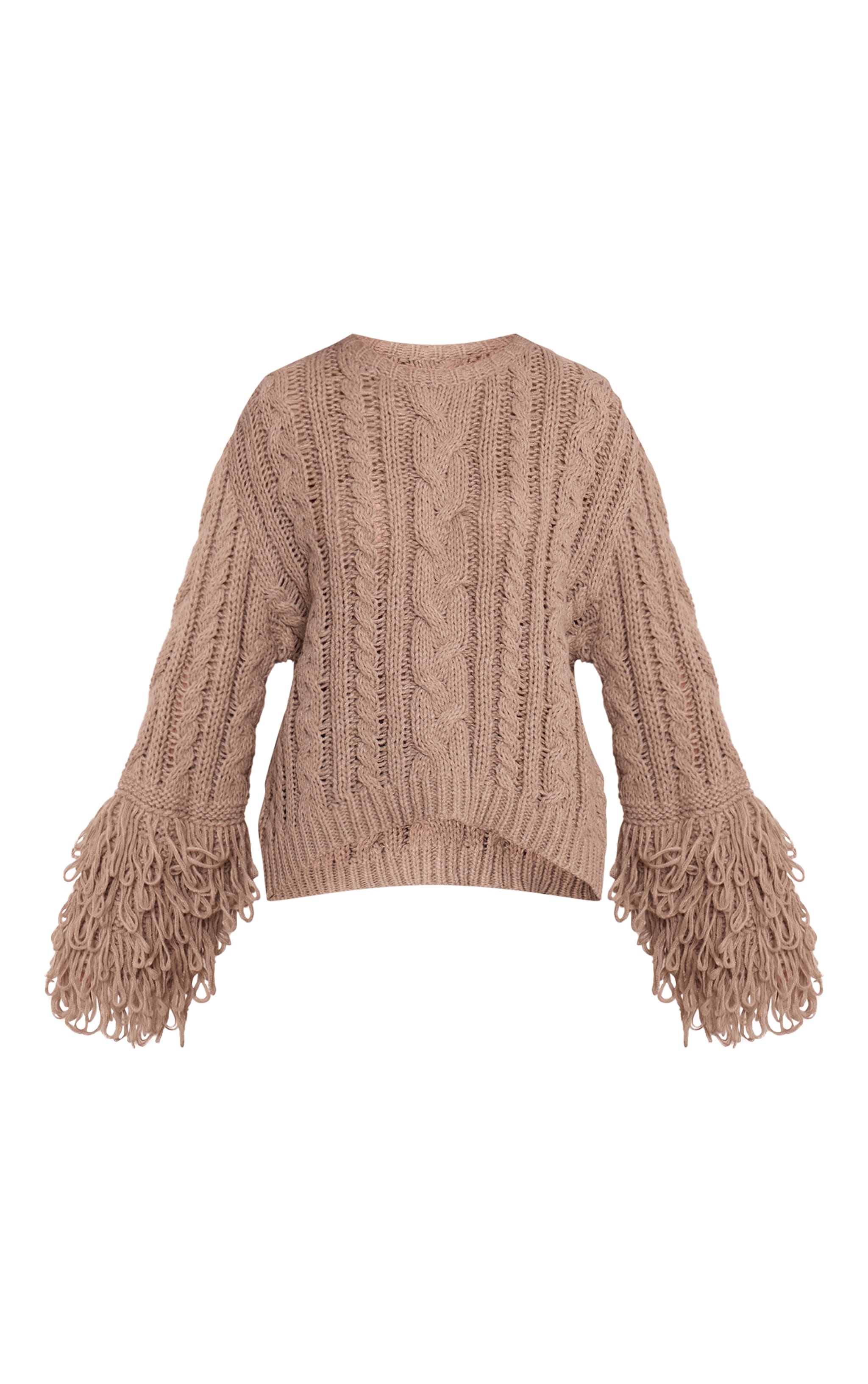 Taupe Cable Knit Loop Trim Sweater image 5