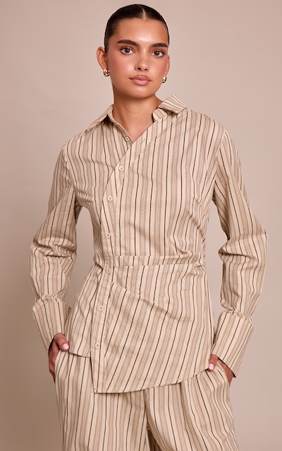 Stone Woven Pinstriped Asymmetrical Shirt