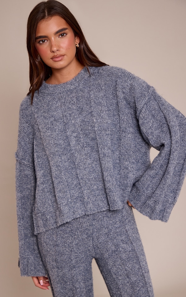 Pull en maille tricot épaisse côtelée grise à col ras