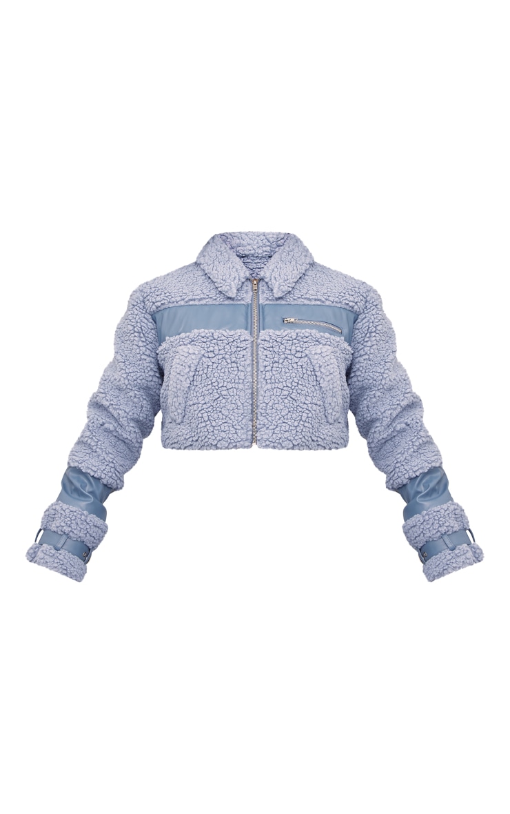 Blue Cropped Teddy Contrast PU Jacket image 4