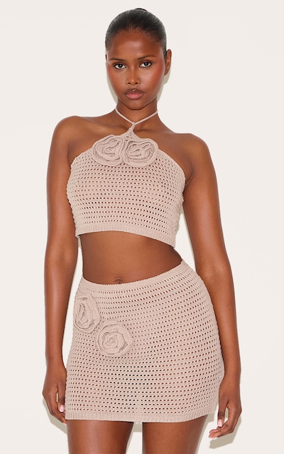 Taupe Tie Neck Flower Applique Top