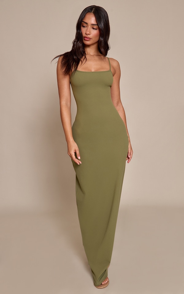 Petite Dark Olive Snatched Sculpt Strappy Maxi Dress