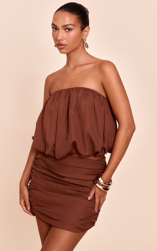  Chocolate Brown Chiffon Ruched Puff Ball Top