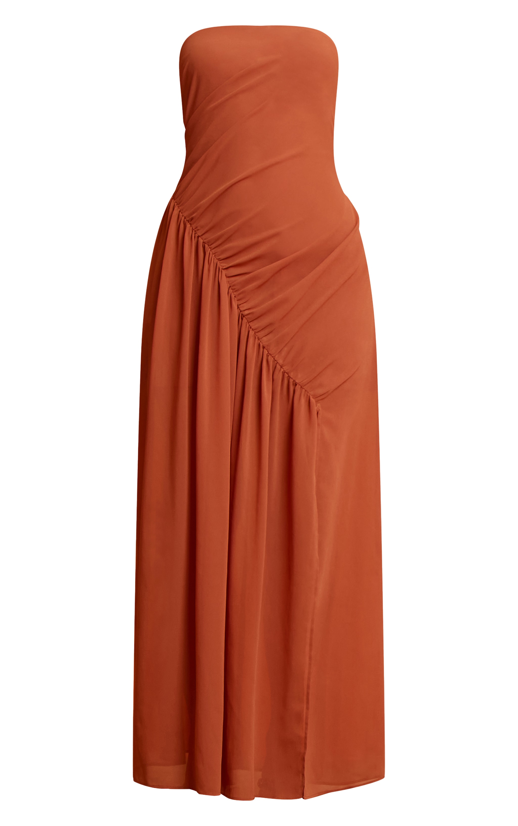 Rust Double Layer Mesh Bandeau Asymmetric Ruching Maxi Dress image 5