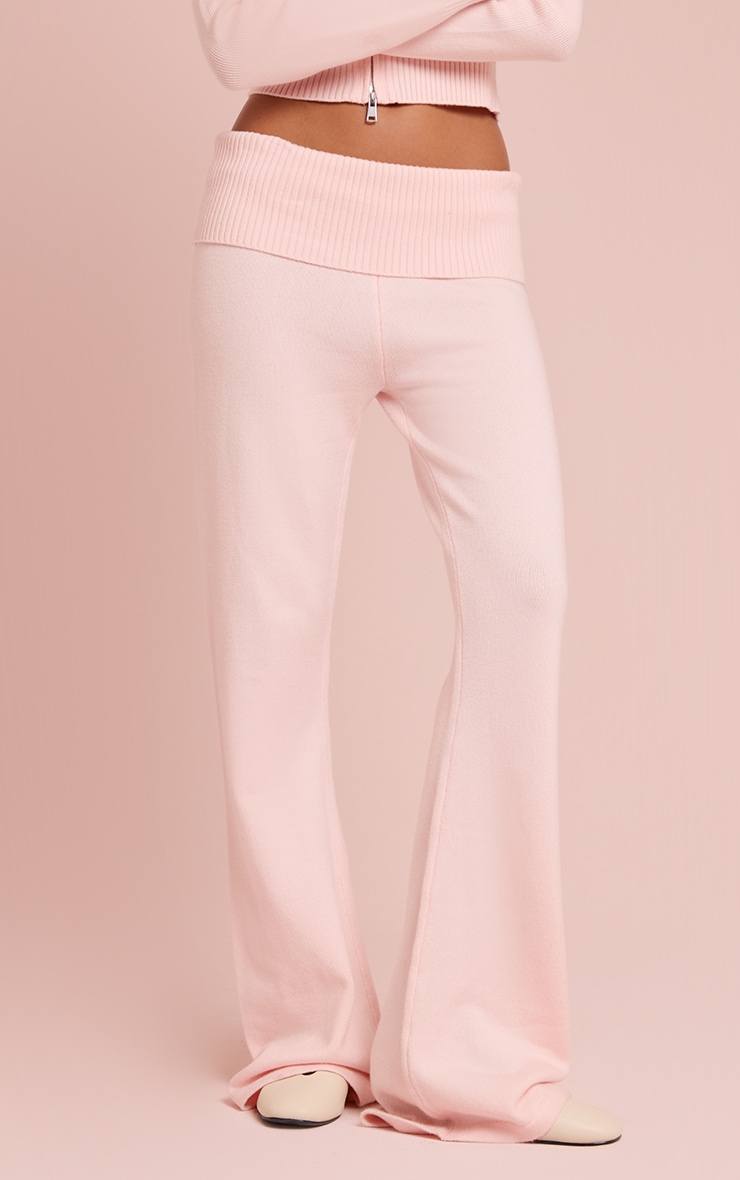 Soft Pink Fold Over Waist Band Flared Knitted Pants image 2