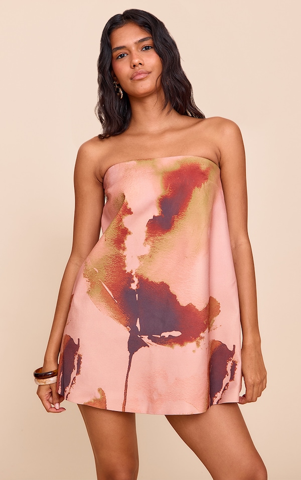 Brown Floral Printed Bandeau A-line Dress