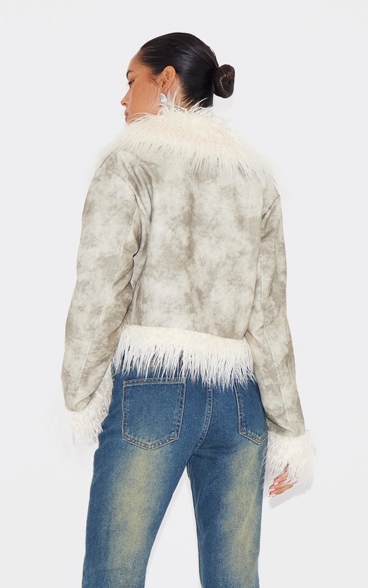 Grey Distressed PU Faux Fur Cuff And Collar Jacket image 1