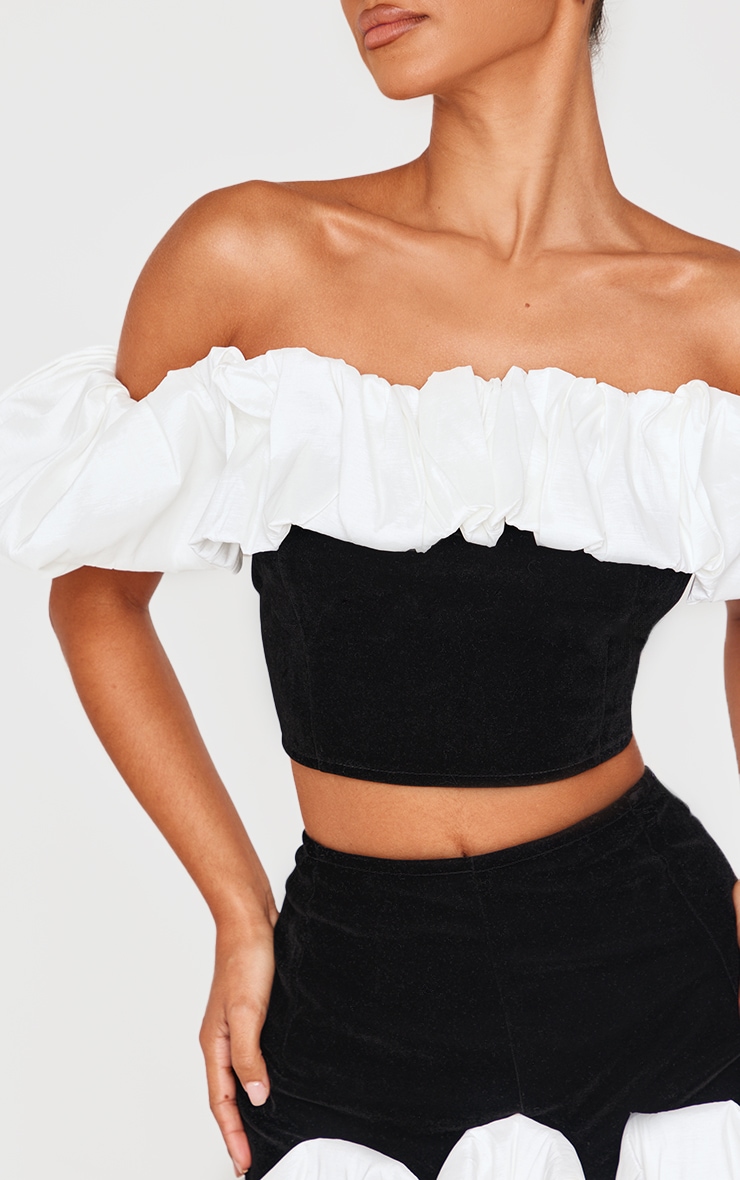 Petite Black Velvet Ruffle Detail Bardot Crop Top image 4