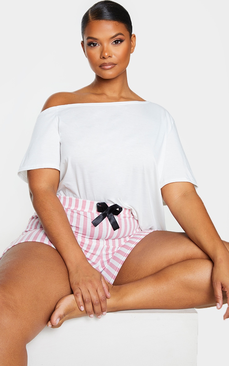 Plus Aviva White Off The Shoulder Top & Short PJ Set