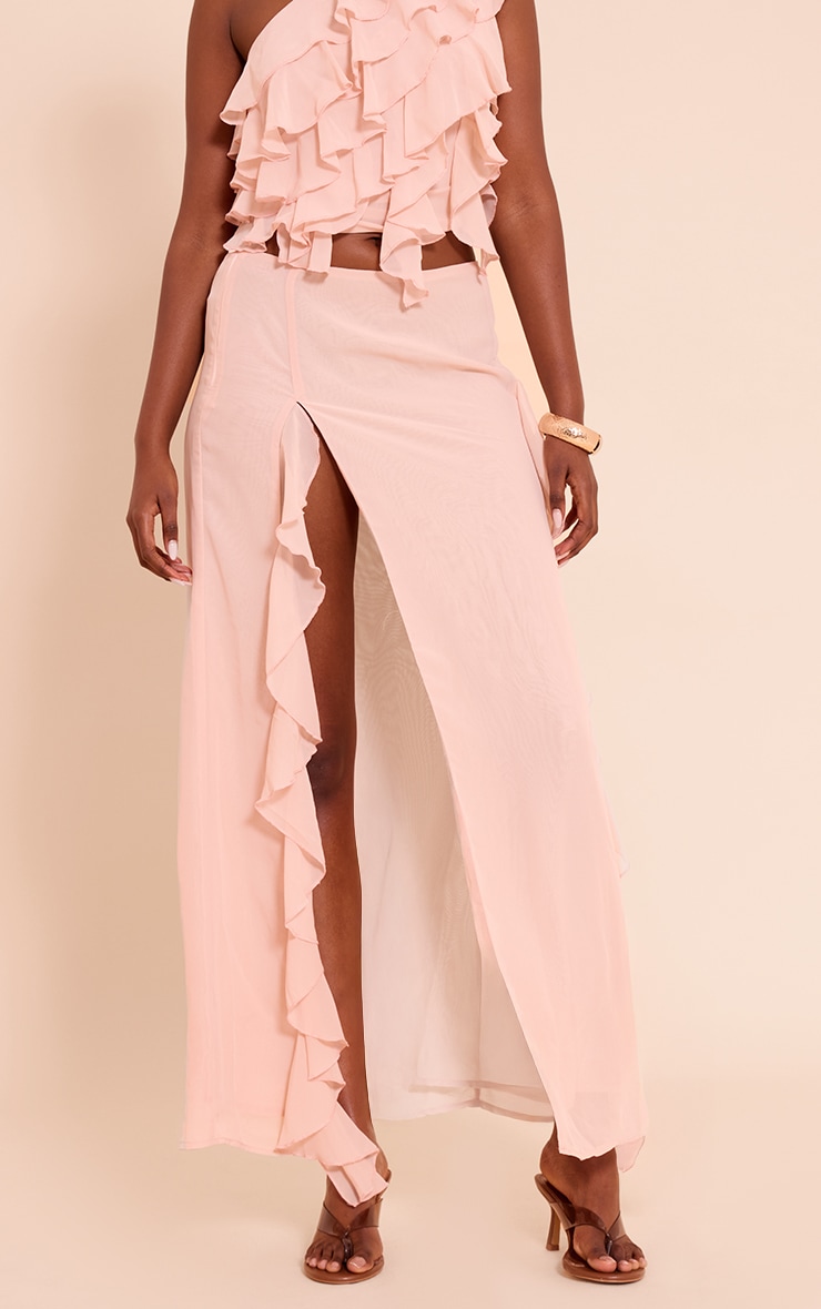 Light Pink Chiffon Frill Split Maxi Skirt image 2