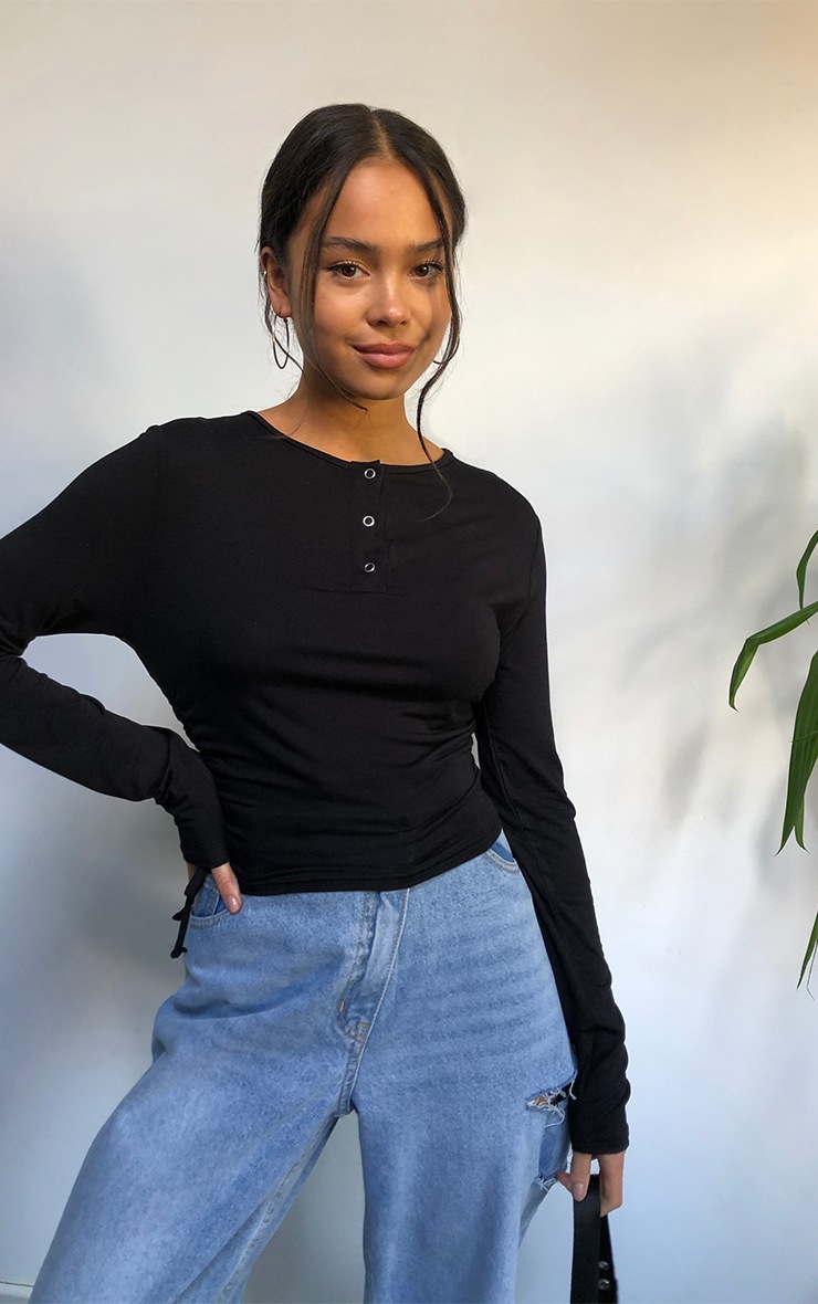 Black Jersey Popper Front Ruched Side Top