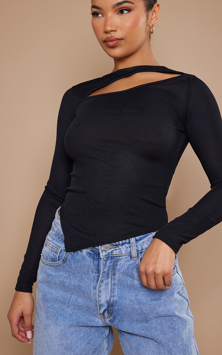 Black Rib Cut Out Asymmetric Long Top image 4
