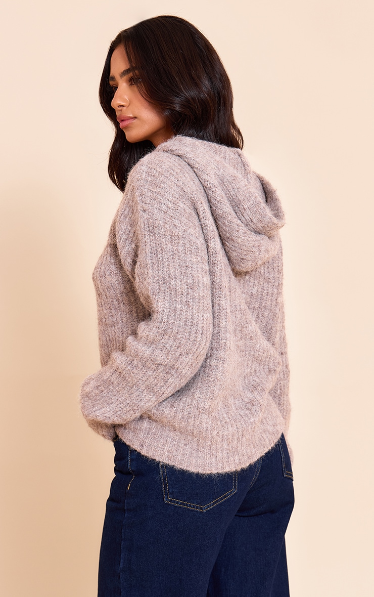 Petite Hoodie en maille tricot côtelée taupe image 2