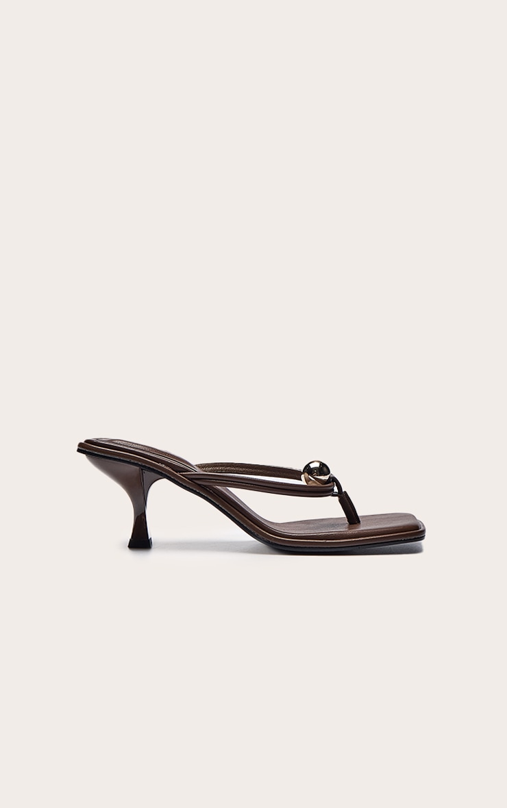 Chocolate Pu Square Toe Thong Gold Trim Mid Heeled Mules image 2