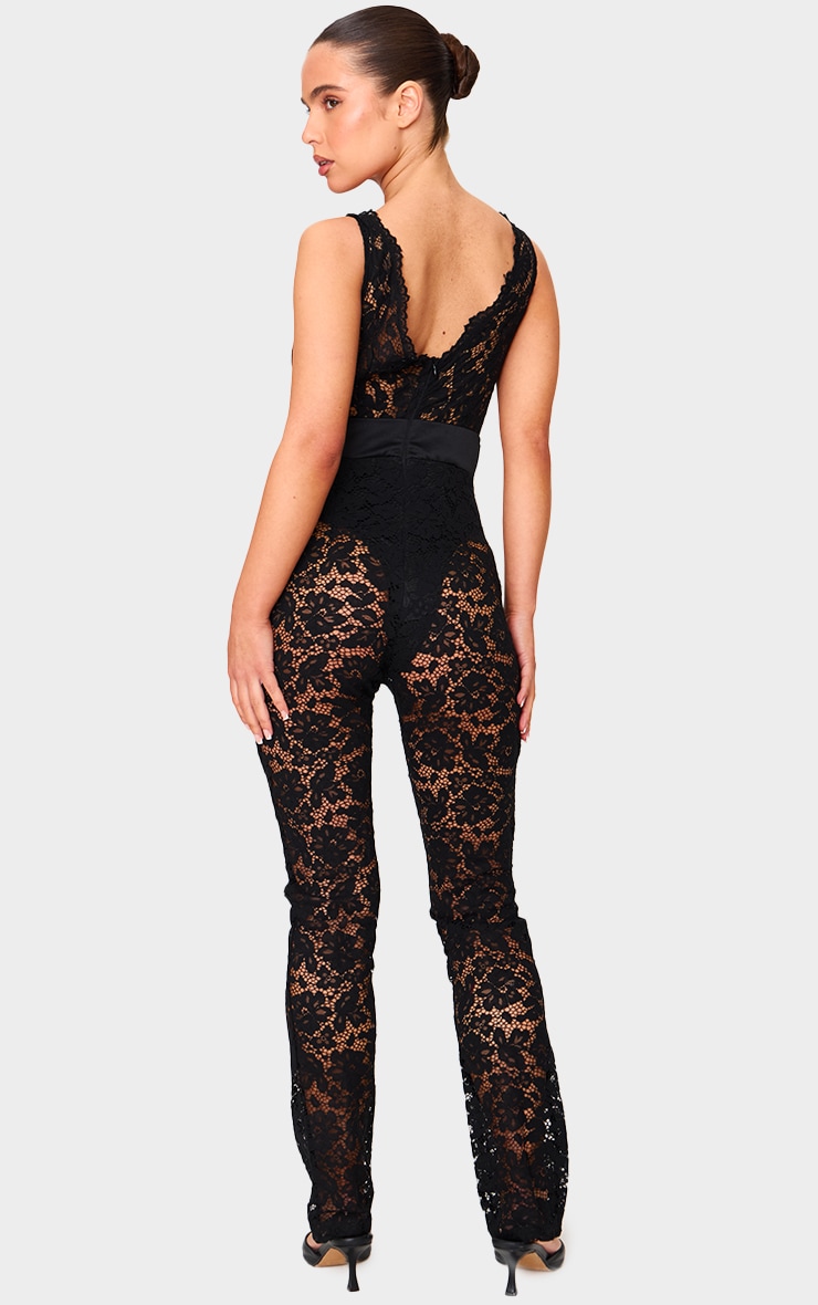 Petite Black Lace Ribbon Detail Straight Leg Jumpsuit