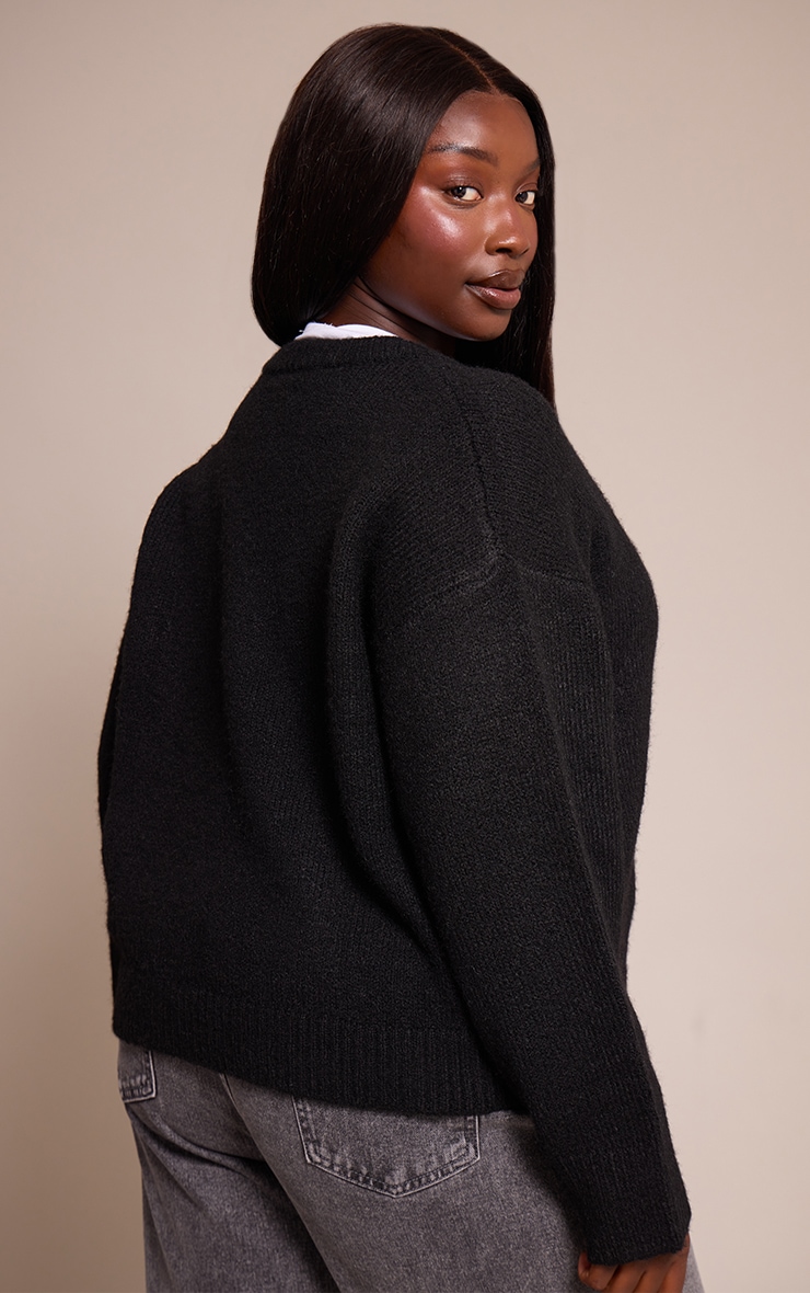 Plus Black Brushed Oversized Detail Round Neck Cardigan image 2