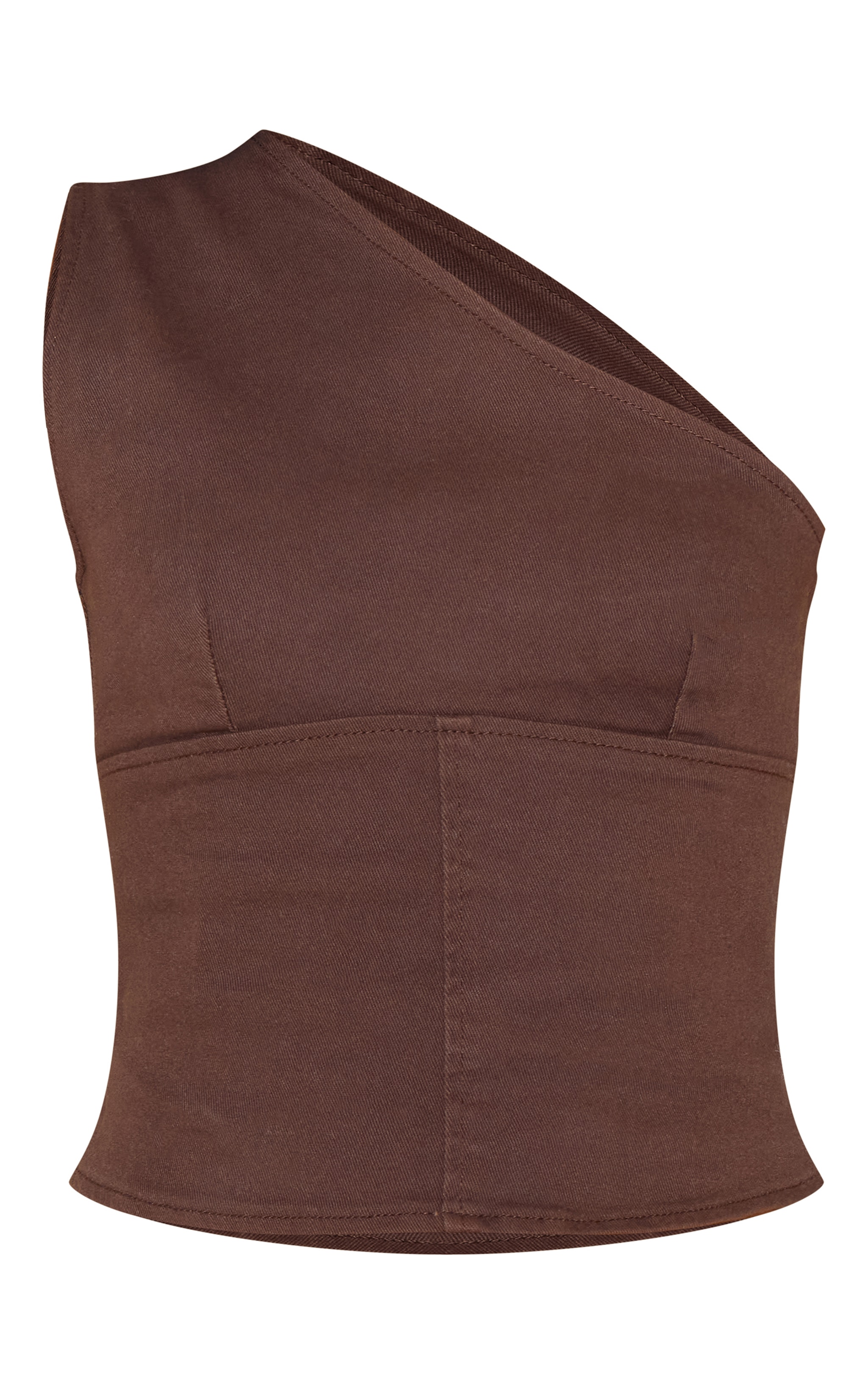 Chocolate Brown Asymmetric Shoulder Denim Top image 5