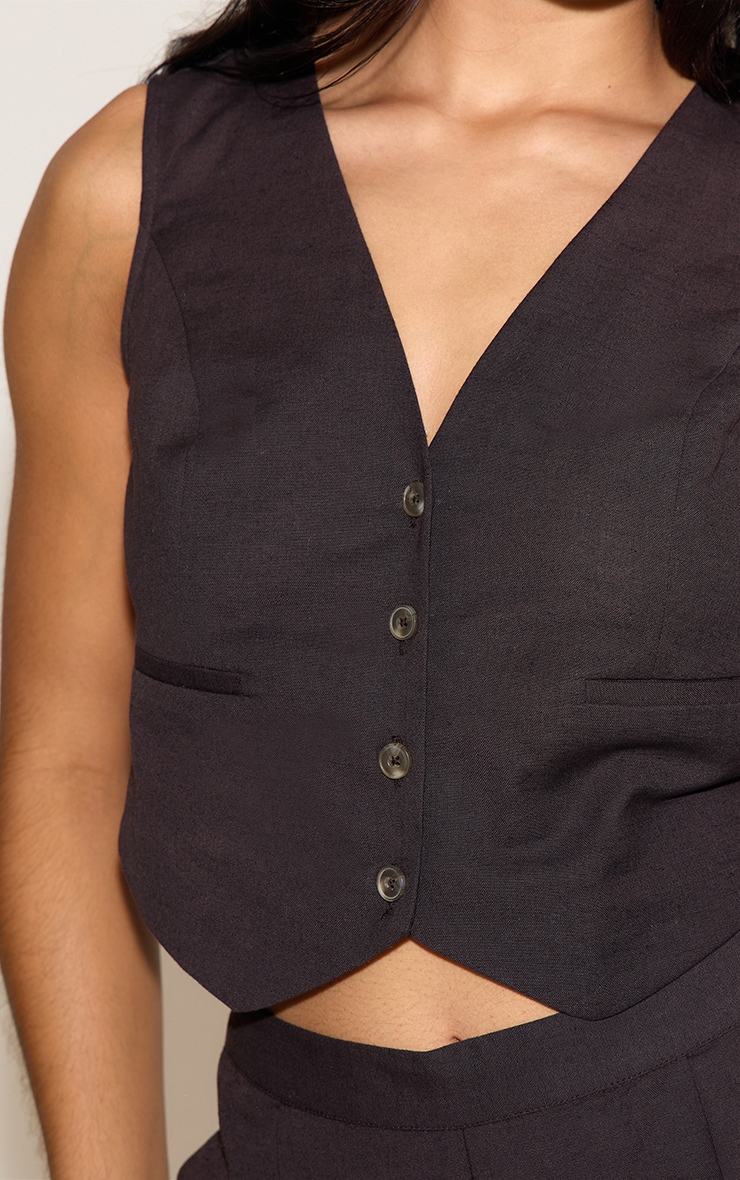 Chocolate Linen Look Boxy Detail Waistcoat image 4