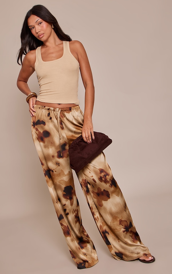 Brown Floral Abstract Print Satin Drawstring Low Rise Pants