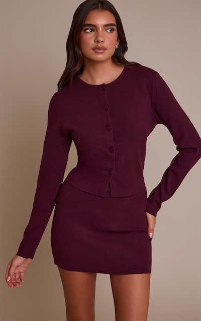 Dark Wine Compact Knit Collarless Cardigan