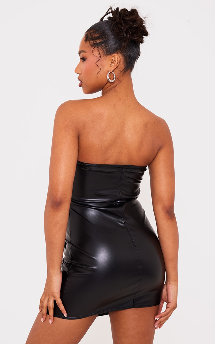 Black Faux Leather Bandeau Ruched Side Mini Dress image 2