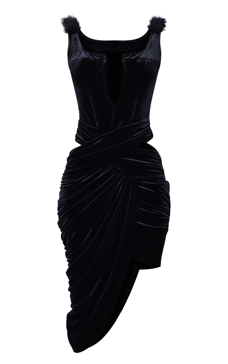 Black Velvet V Bar Feather Strap Detail Midi Dress PrettyLittleThing USA