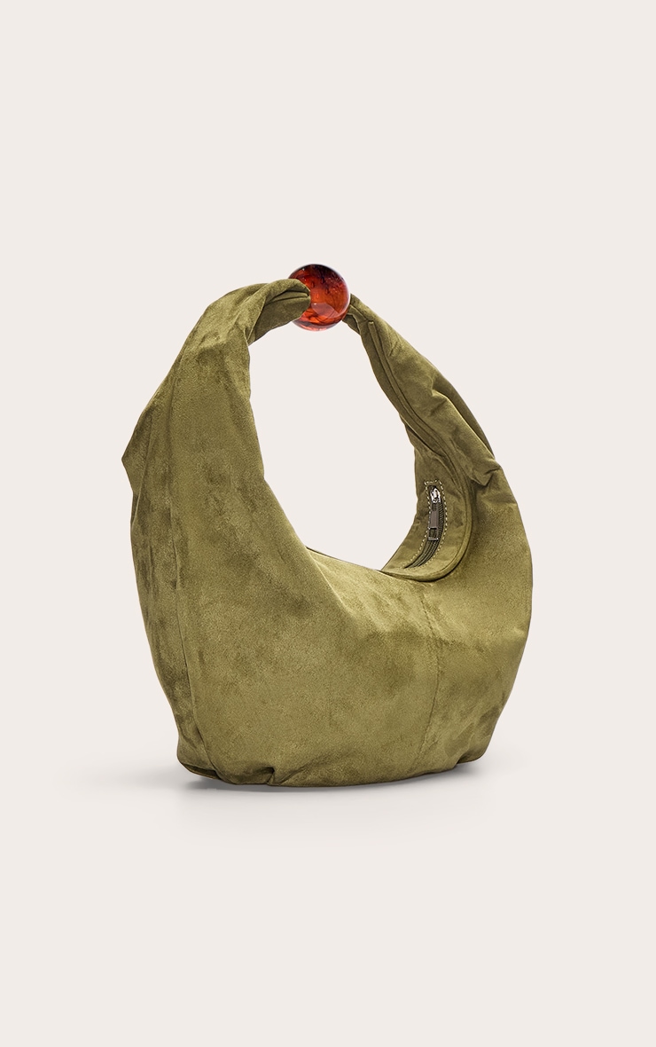 Olive Faux Suede Bead Handle Shoulder Bag image 4