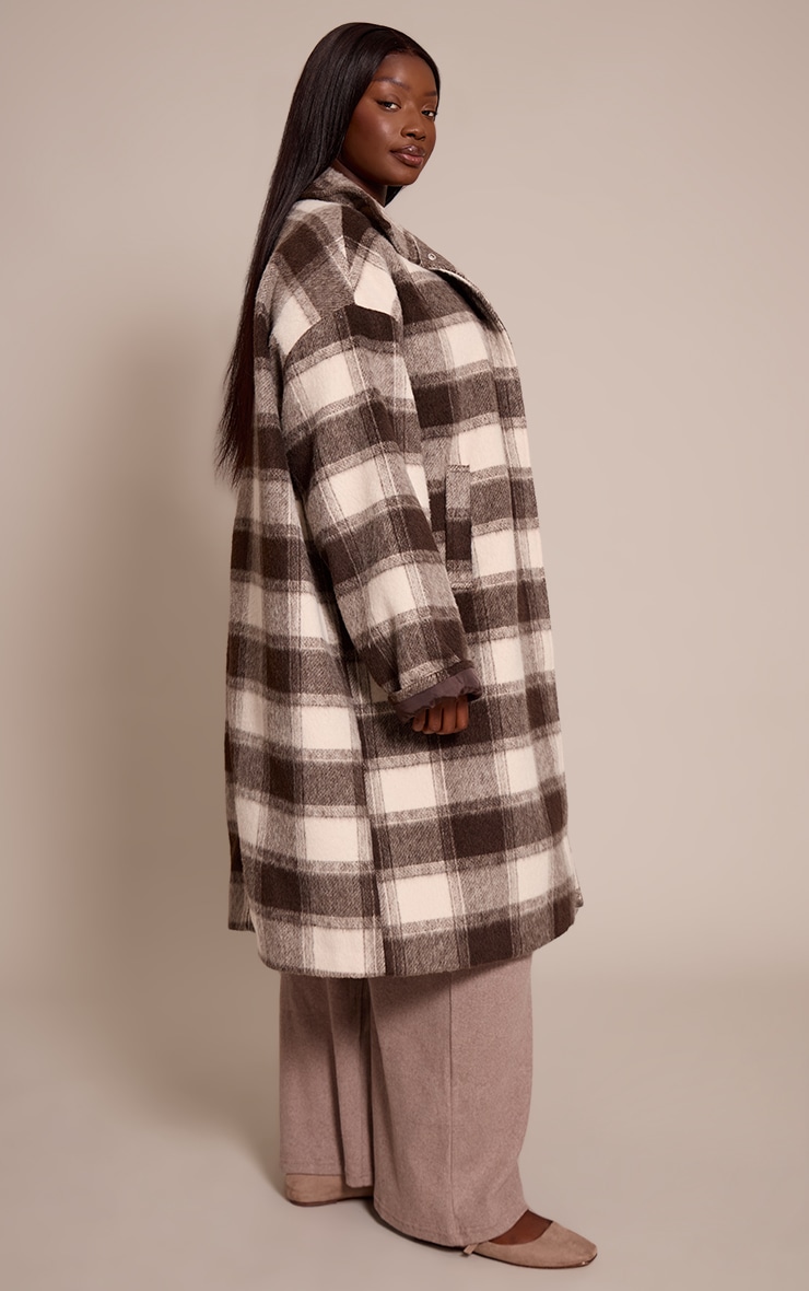 Plus Brown Checked Structured Double Breasted Wool Look Maxi Coat image 3