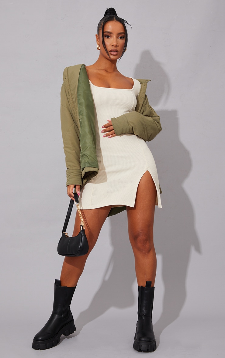 Cream Rib Split Hem Square Neck Long Sleeve Bodycon Dress image 4
