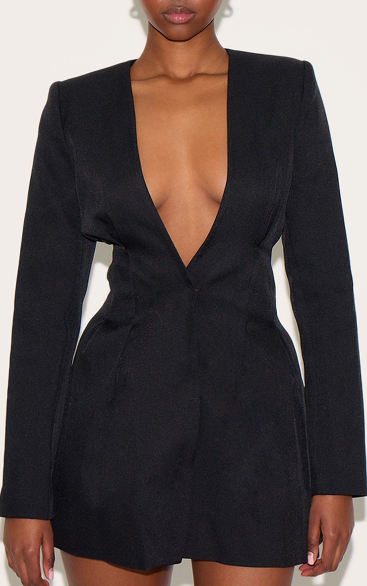 Black Woven Pleated Shift Blazer Dress image 4