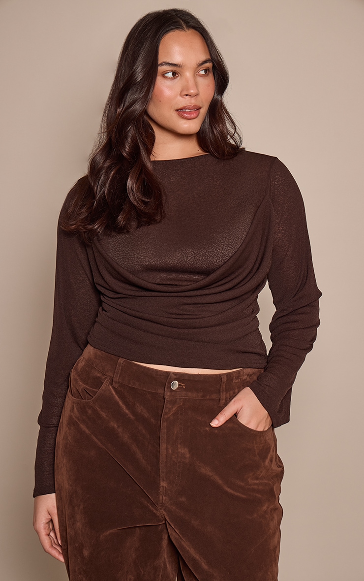Plus Chocolate Drape Detail Long Sleeve Top image 1