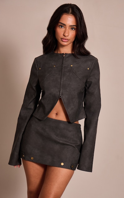 Petite Charcoal Stud Detail Faux Leather Jacket