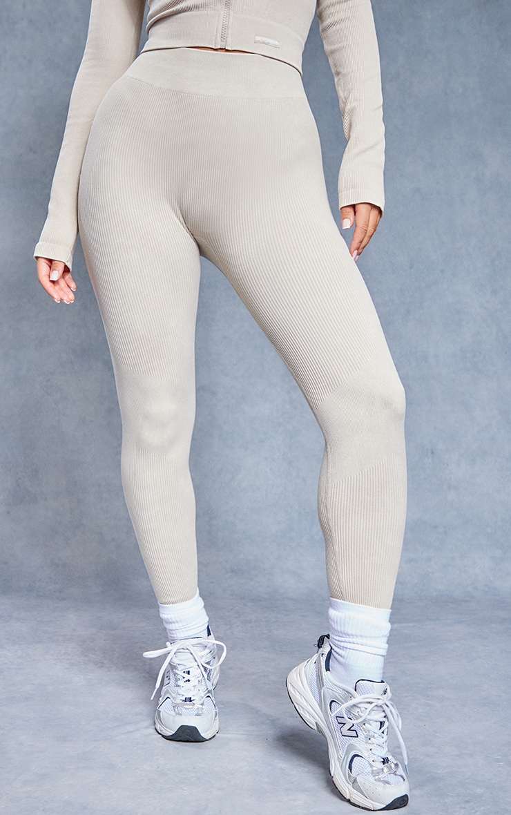 Oatmeal Acid Wash Seamless Rib High Waist Gym Leggings image 2